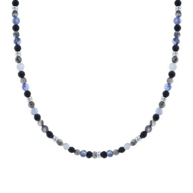 Collana Catena con Palline Pietra Blu Lapislazzuli e Nero in ACCIAIO