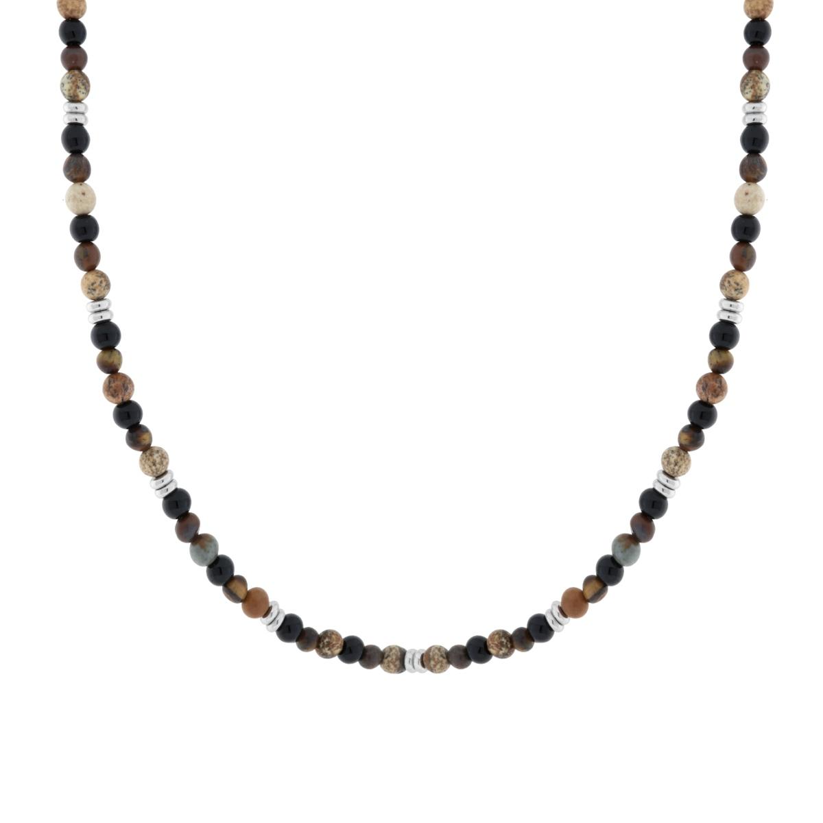 Collana Catena con Palline Pietra Occhio di Tigre e Nero in ACCIAIO