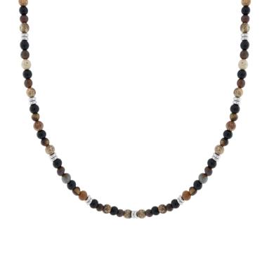 Collana Catena con Palline Pietra Occhio di Tigre e Nero in ACCIAIO