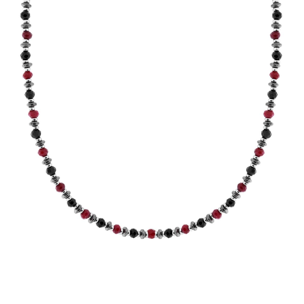 Collana Catena con Crystal Neri e Pietre Rosso Corniola in ACCIAIO