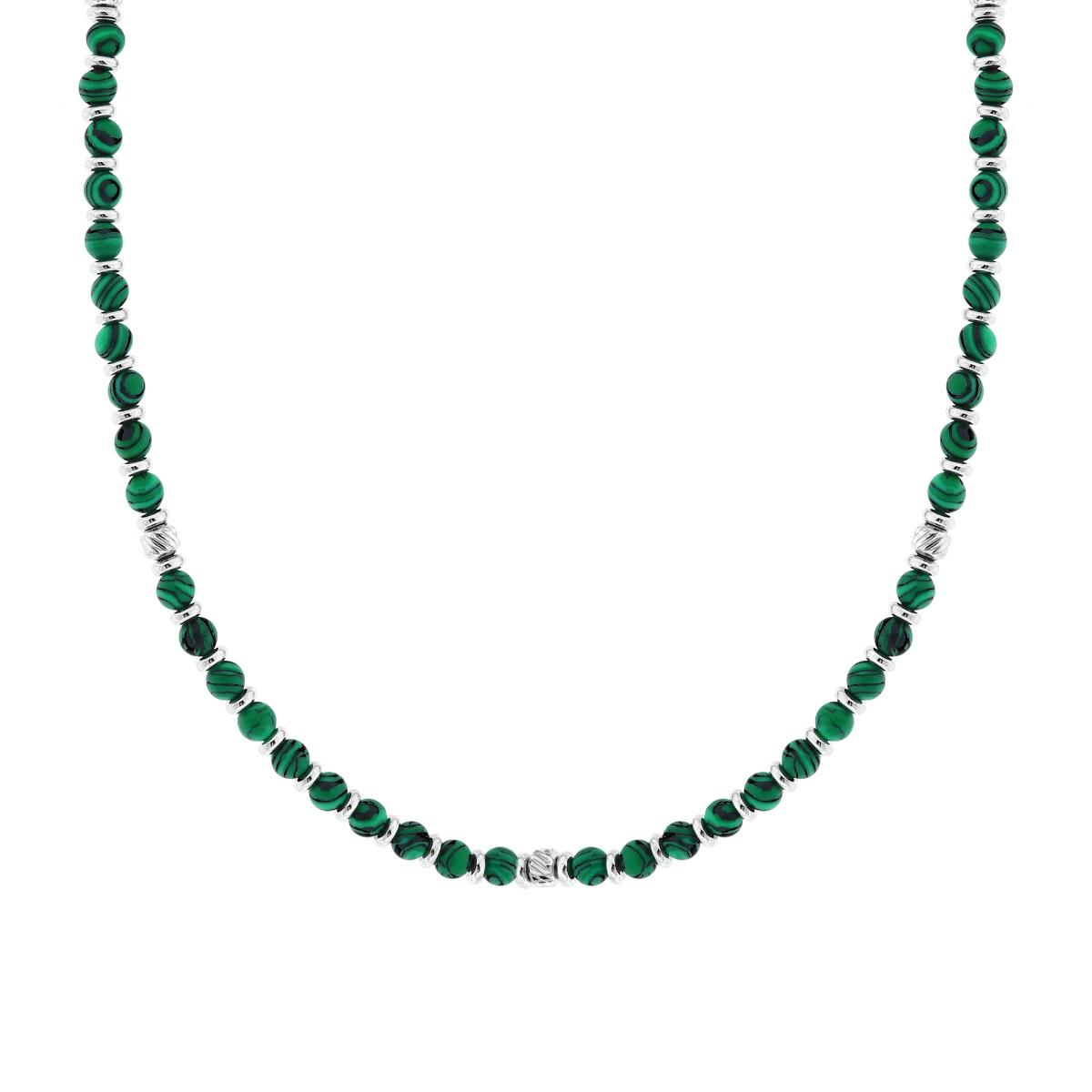 Collana Catena con Palline Pietra Verde Malachite e Cilindretti Diamantati in ACCIAIO
