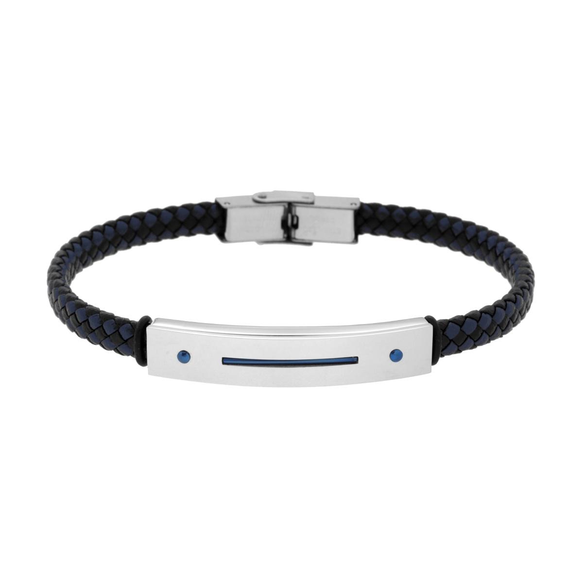 Bracciale Uomo in Ecopelle Intrecciata Nero e Blu con Targa con dettaglio in Blu in ACCIAIO