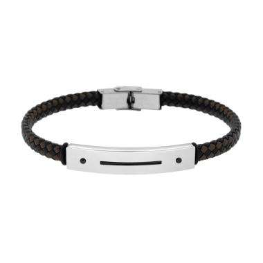 Bracciale Uomo in Ecopelle Intrecciata Nero e Marrone con Targa con dettaglio in Nero in ACCIAIO