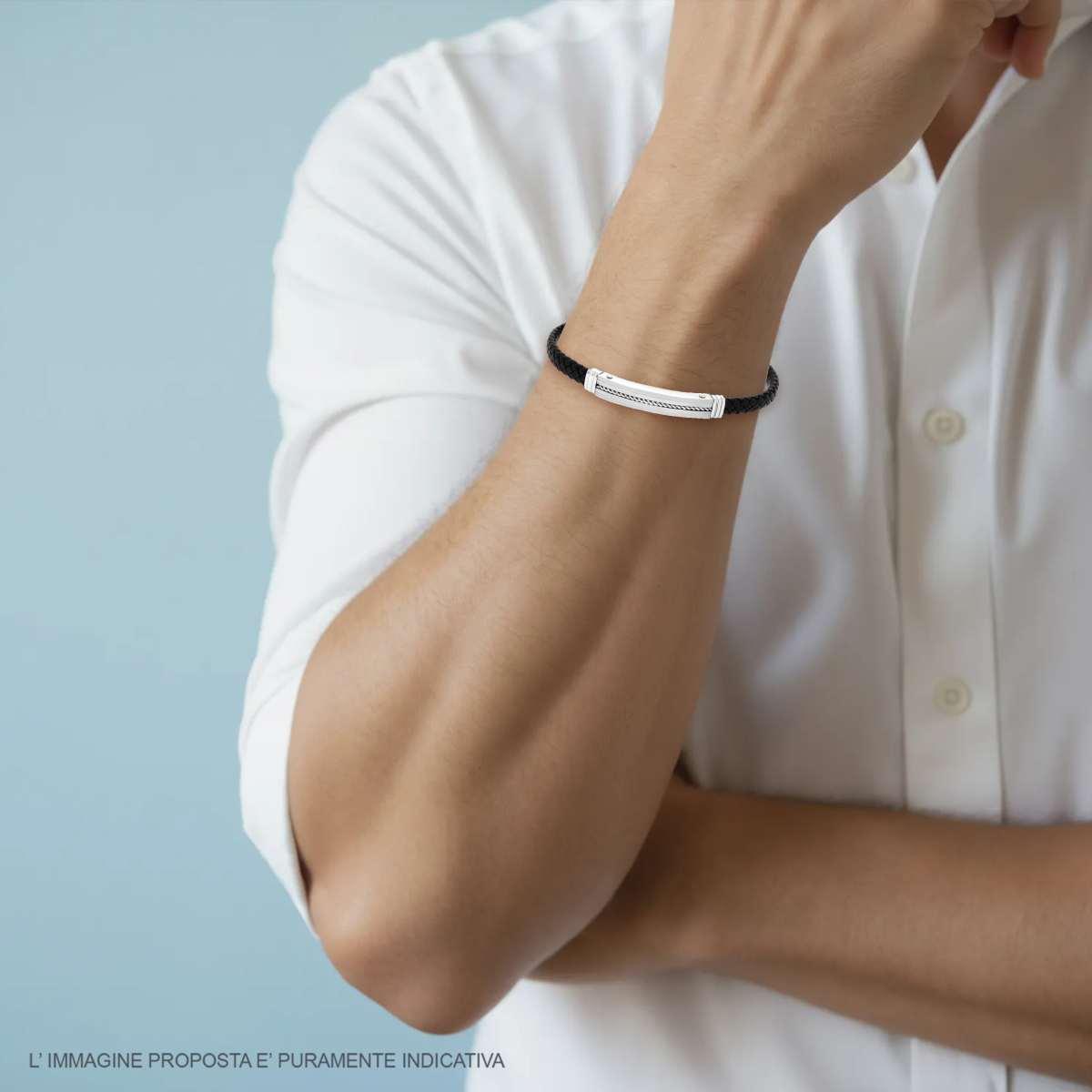 Bracciale Uomo in Ecopelle Intrecciata Nero con Targa con Corda in ACCIAIO