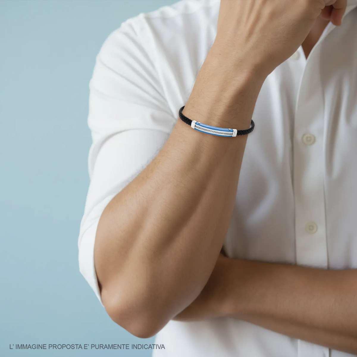 Bracciale Uomo in Ecopelle Intrecciata Nero e Blu con Targa colore Blu con Corda in ACCIAIO