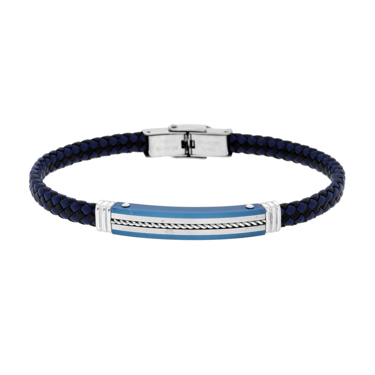 Bracciale Uomo in Ecopelle Intrecciata Nero e Blu con Targa colore Blu con Corda in ACCIAIO