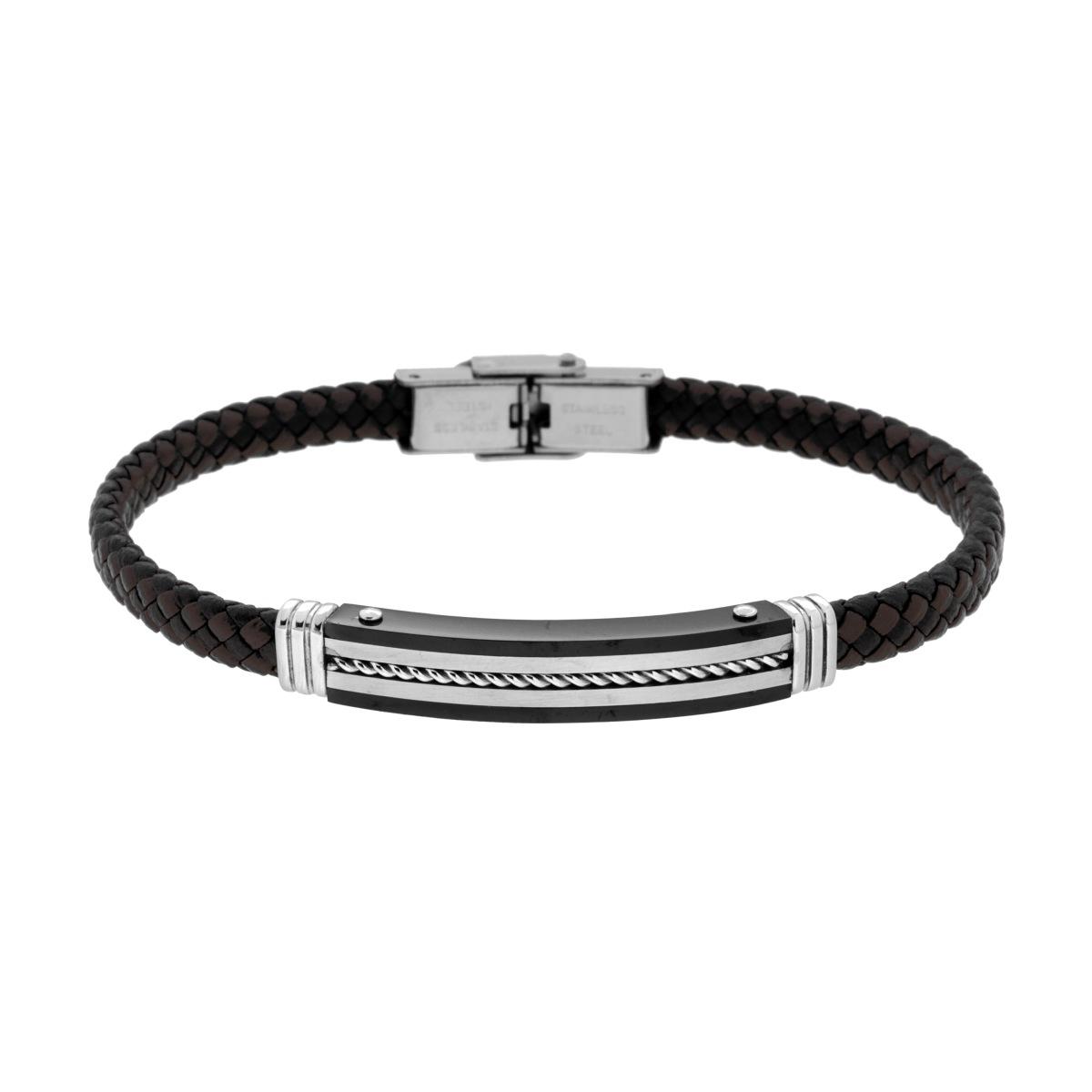 Bracciale Uomo in Ecopelle Intrecciata Nero e Marrone con Targa colore Nero con Corda in ACCIAIO