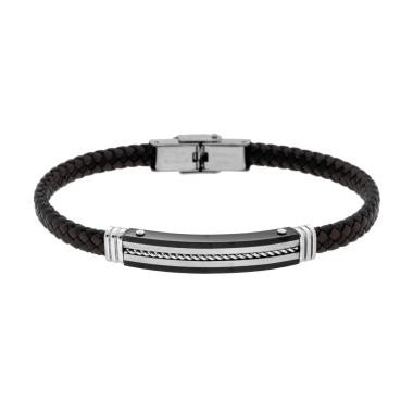 Bracciale Uomo in Ecopelle Intrecciata Nero e Marrone con Targa colore Nero con Corda in ACCIAIO