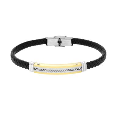 Bracciale Uomo in Ecopelle Intrecciata Nero con Targa colore Oro con Corda in ACCIAIO