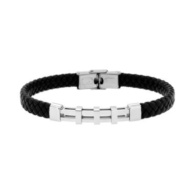 Bracciale Uomo in Ecopelle Intrecciata Nero con Targa Traforata in ACCIAIO