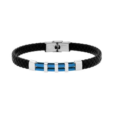 Bracciale Uomo in Ecopelle Intrecciata Nero con Targa Traforata e colore Blu in ACCIAIO