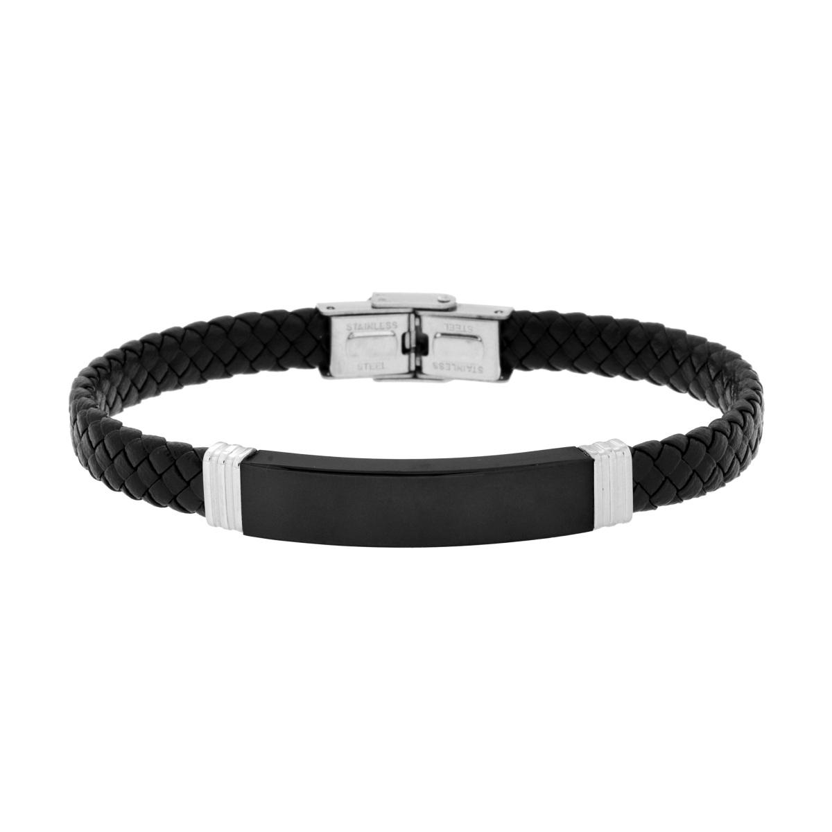 Bracciale Uomo in Ecopelle Intrecciata Nero con Targa colore Nero in ACCIAIO