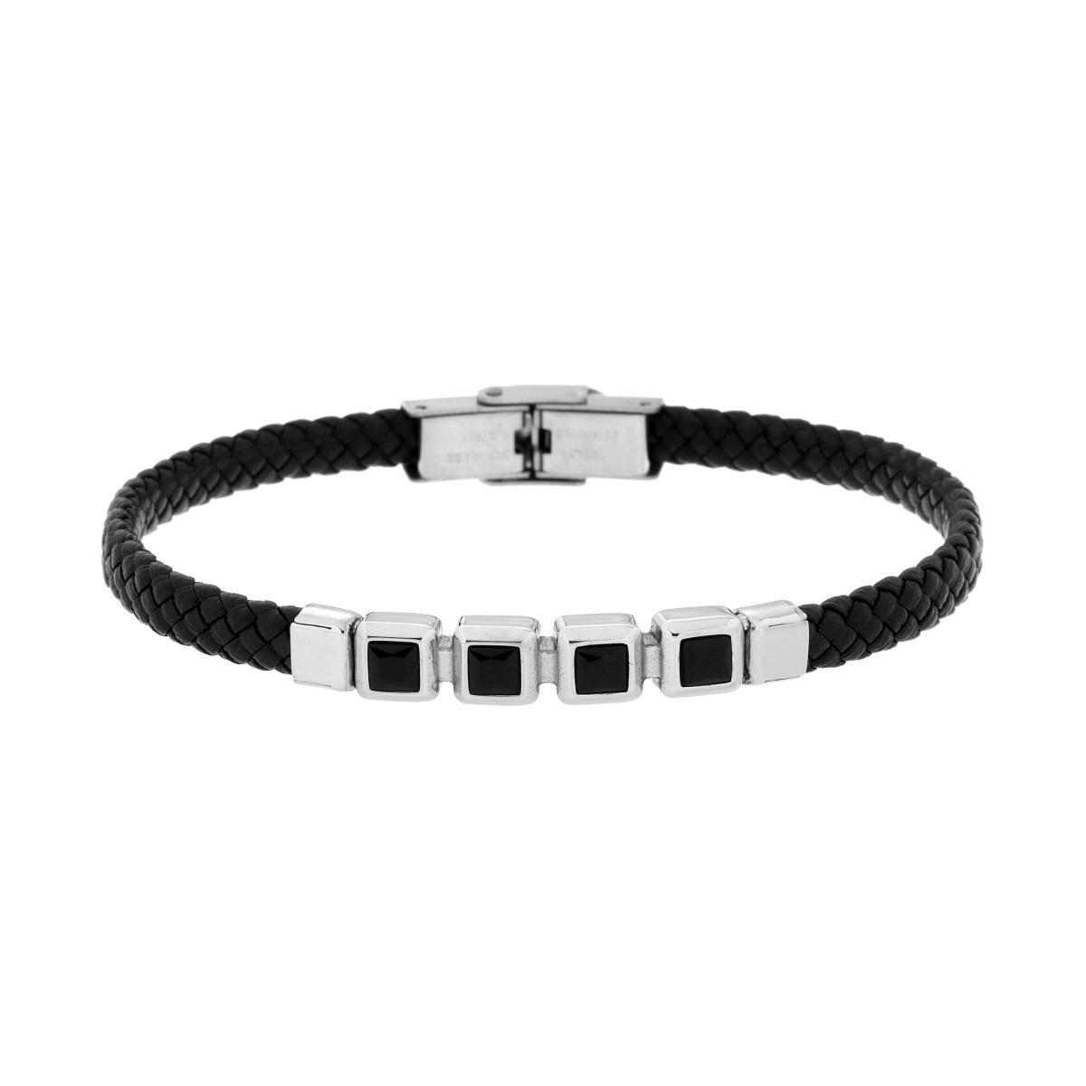 Bracciale Uomo in Ecopelle Intrecciata Nero con Targa con Crystal Neri Carre in ACCIAIO