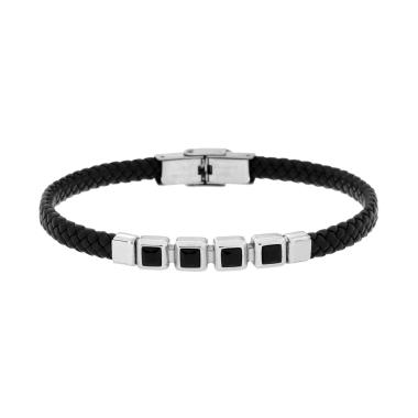 Bracciale Uomo in Ecopelle Intrecciata Nero con Targa con Crystal Neri Carre in ACCIAIO
