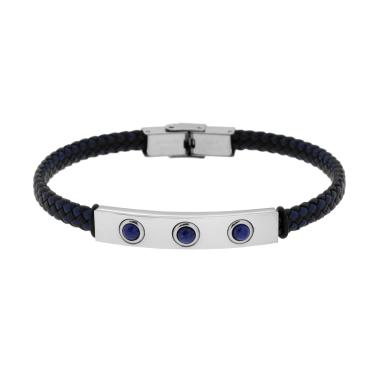Bracciale Uomo in Ecopelle Intrecciata Nero e Blu con Targa con Pietre Blu Lapislazzuli in ACCIAIO