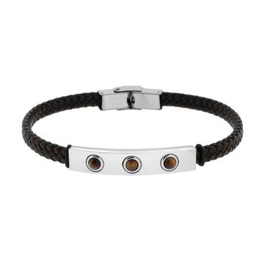 Bracciale Uomo in Ecopelle Intrecciata Nero e Marrone con Targa con Pietre Occhio di Tigre in ACCIAIO