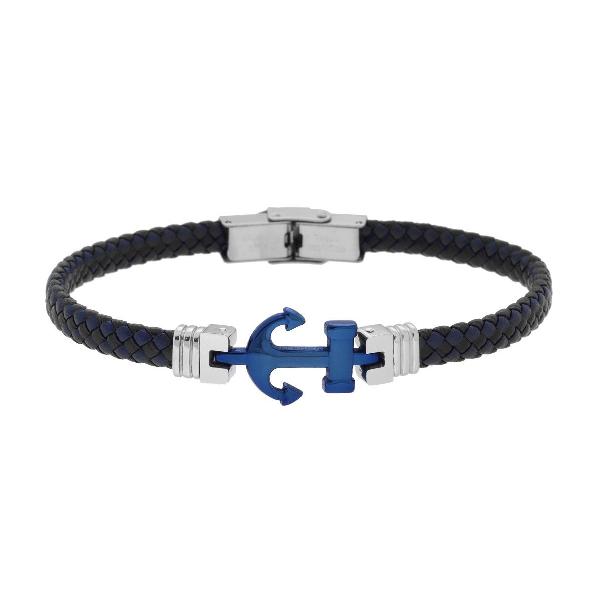 Bracciale Uomo in Ecopelle Intrecciata Nero e Blu con Ancora Blu in ACCIAIO