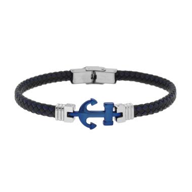 Bracciale Uomo in Ecopelle Intrecciata Nero e Blu con Ancora Blu in ACCIAIO