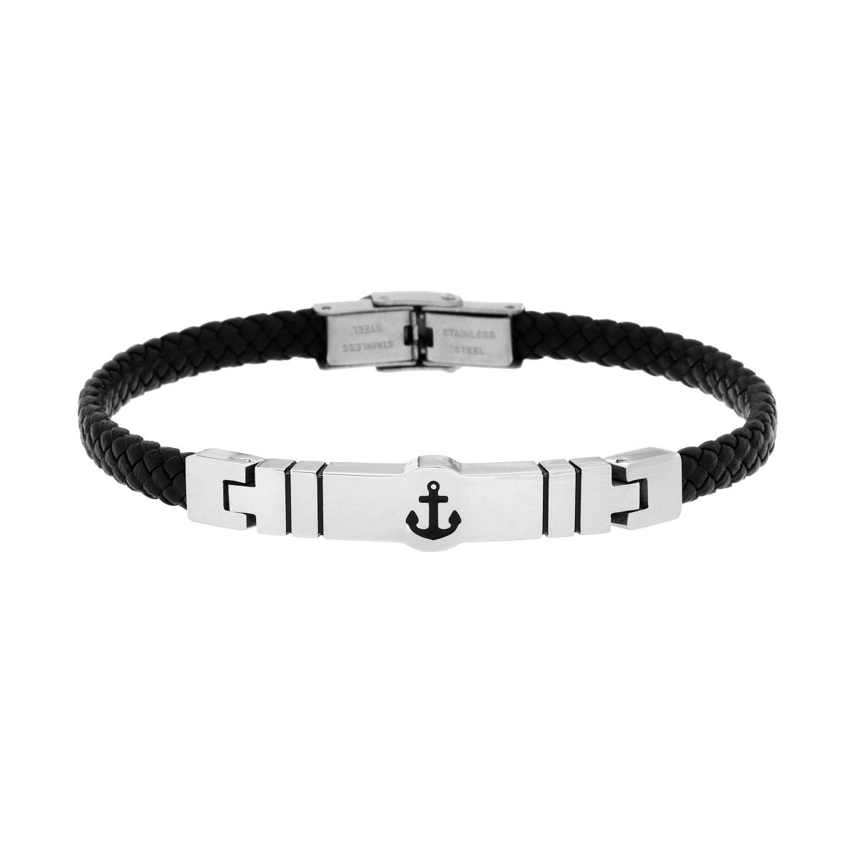 Bracciale Uomo in Ecopelle Intrecciata Nero con Targa con Ancora in ACCIAIO