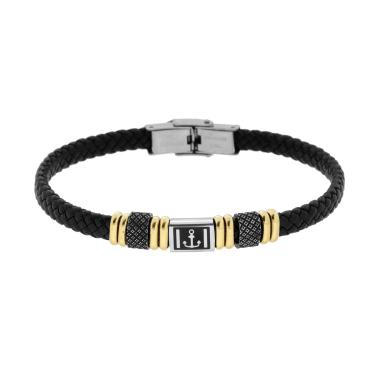Bracciale Uomo in Ecopelle Intrecciata Nero con Accessori colore Oro e Brunito e Soggetto Ancora in ACCIAIO