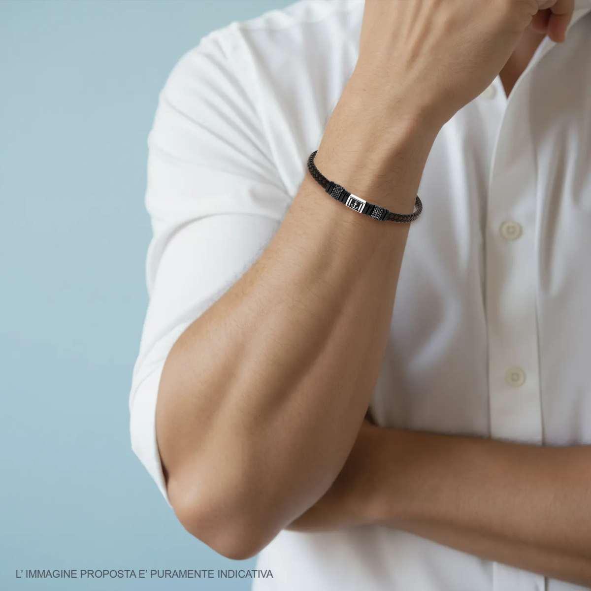 Bracciale Uomo in Ecopelle Intrecciata Nero e Marrone con Accessori colore Nero e Brunito e Soggetto Ancora in ACCIAIO