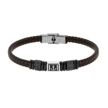 Bracciale Uomo in Ecopelle Intrecciata Nero e Marrone con Accessori colore Nero e Brunito e Soggetto Ancora in ACCIAIO