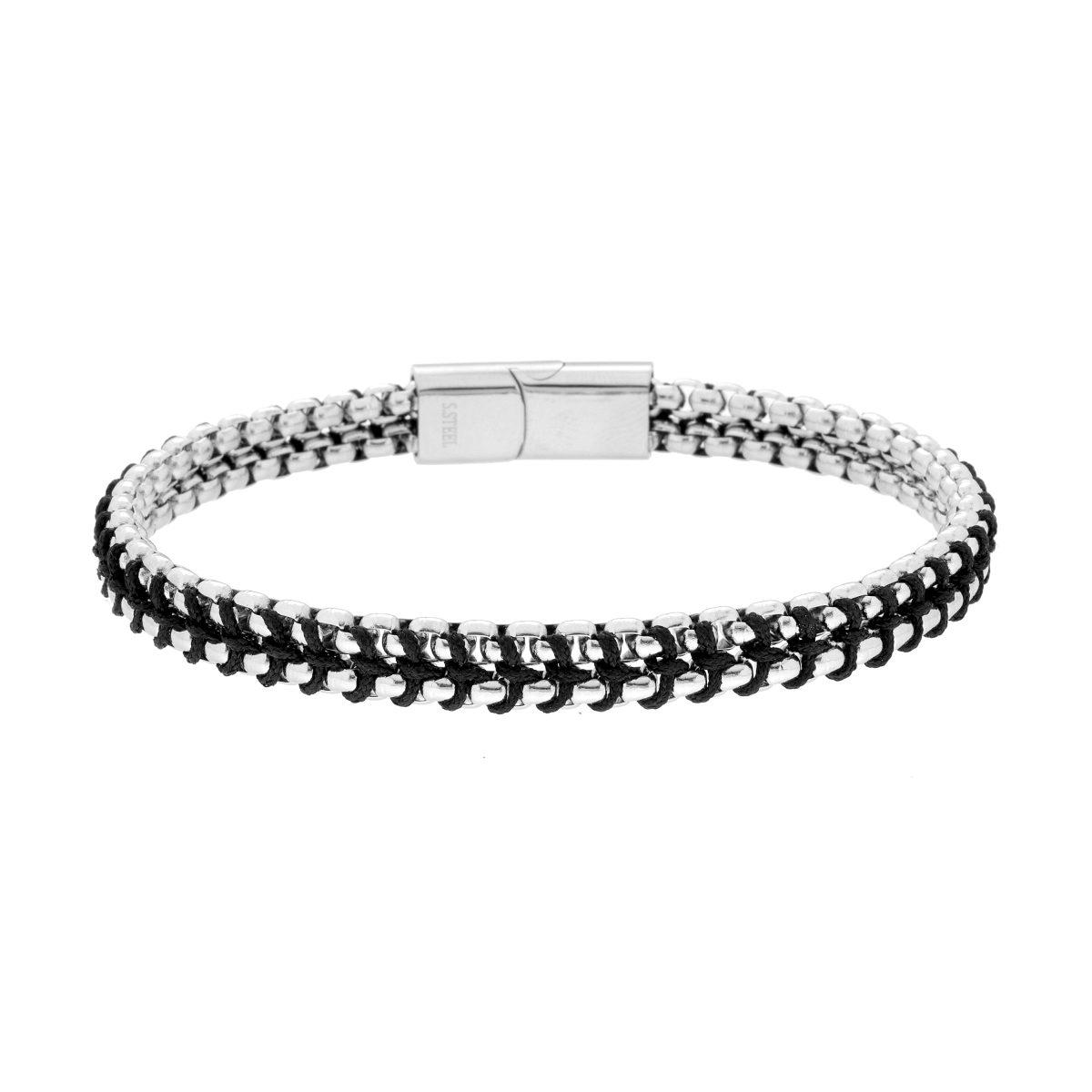 Bracciale Uomo con doppia Catena Veneziana Tonda con Cordoncino Nero Annodato in ACCIAIO