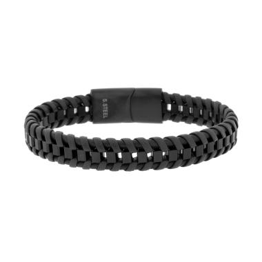 Bracciale Uomo in Ecopelle Intrecciata Nero su Catena Veneziana in ACCIAIO colore Nero