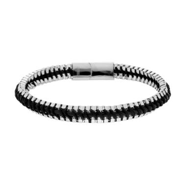 Bracciale Uomo in Ecopelle Nero e Catene Veneziane intrecciate in ACCIAIO