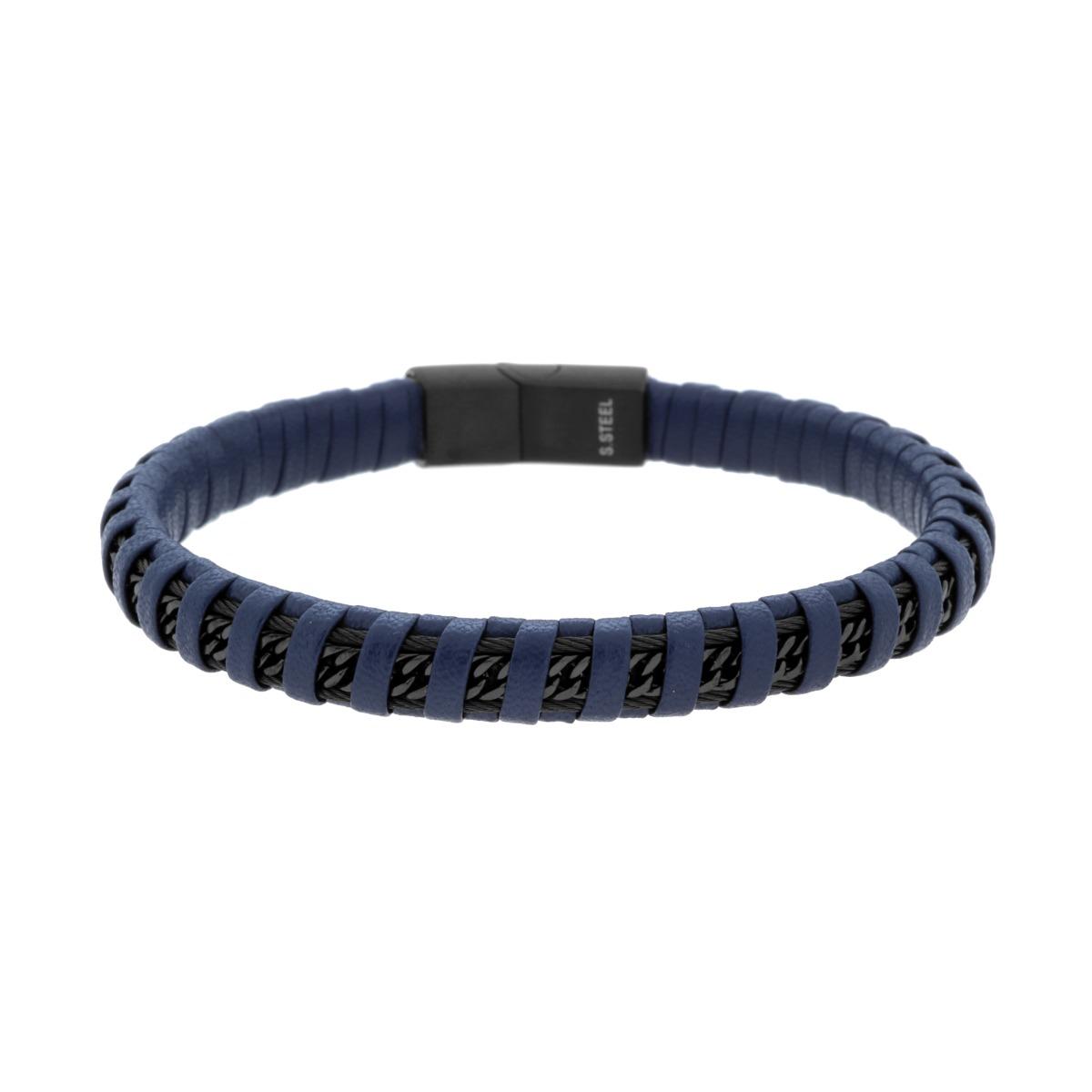 Bracciale Uomo in Ecopelle Intrecciata Blu con Catena Grumetta Diamantata in ACCIAIO colore Nero