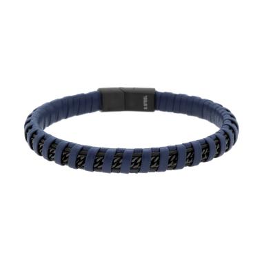 Bracciale Uomo in Ecopelle Intrecciata Blu con Catena Grumetta Diamantata in ACCIAIO colore Nero