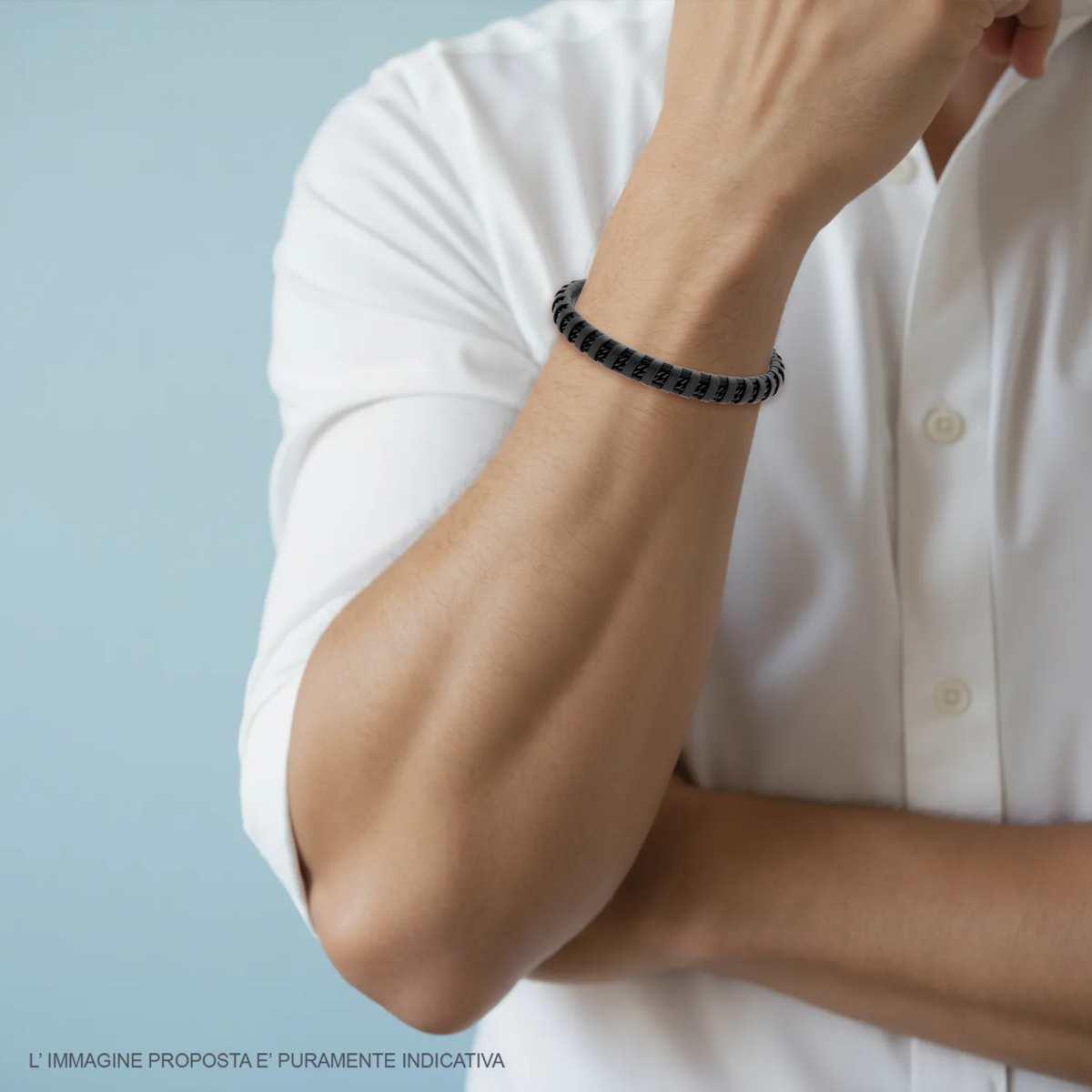 Bracciale Uomo in Ecopelle Intrecciata Nero con Catena Grumetta Diamantata in ACCIAIO colore Nero