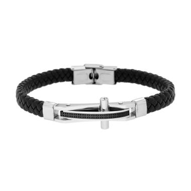 Bracciale Uomo in Ecopelle Intrecciata Nero con Targa Croce con dettaglio colore Nero e Crystal Bianchi in ACCIAIO