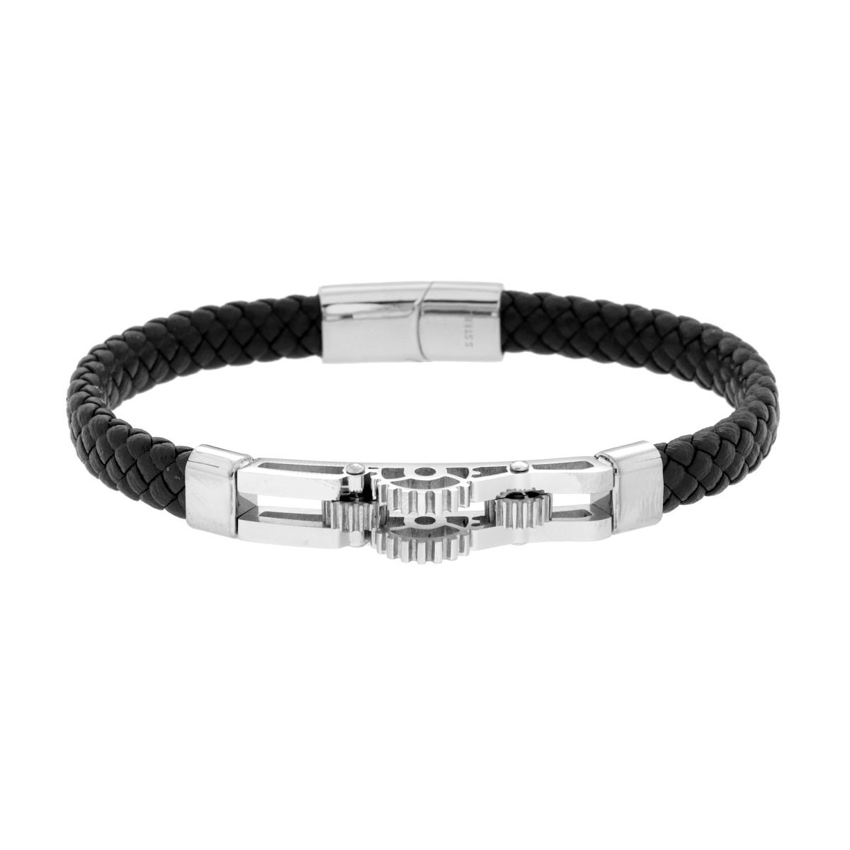 Bracciale Uomo in Ecopelle Intrecciata Nero con Targa con Ingranaggi in ACCIAIO
