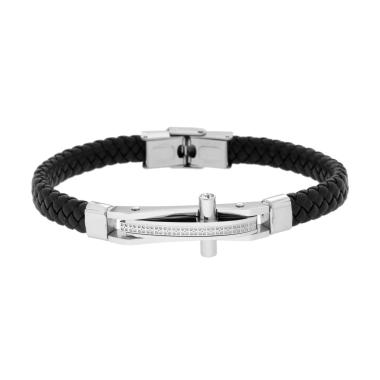 Bracciale Uomo in Ecopelle Intrecciata Nero con Targa Croce con Crystal Bianchi in ACCIAIO
