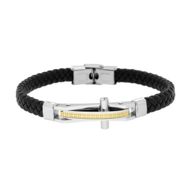 Bracciale Uomo in Ecopelle Intrecciata Nero con Targa Croce con dettaglio colore Oro e Crystal Bianchi in ACCIAIO