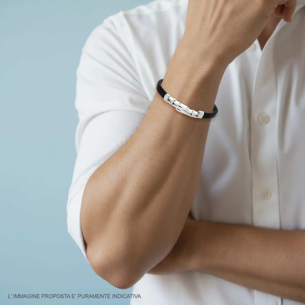 Bracciale Uomo in Ecopelle Intrecciata Nero con Targa con Ingranaggi in ACCIAIO