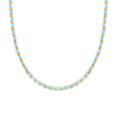 Collana Catena con Cilindretti Diamantati e Pietre colore Turchese Perlato in ACCIAIO colore Oro