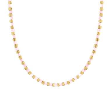 Collana Catena con Cilindretti Diamantati e Pietre colore Rosa Perlato in ACCIAIO colore Oro