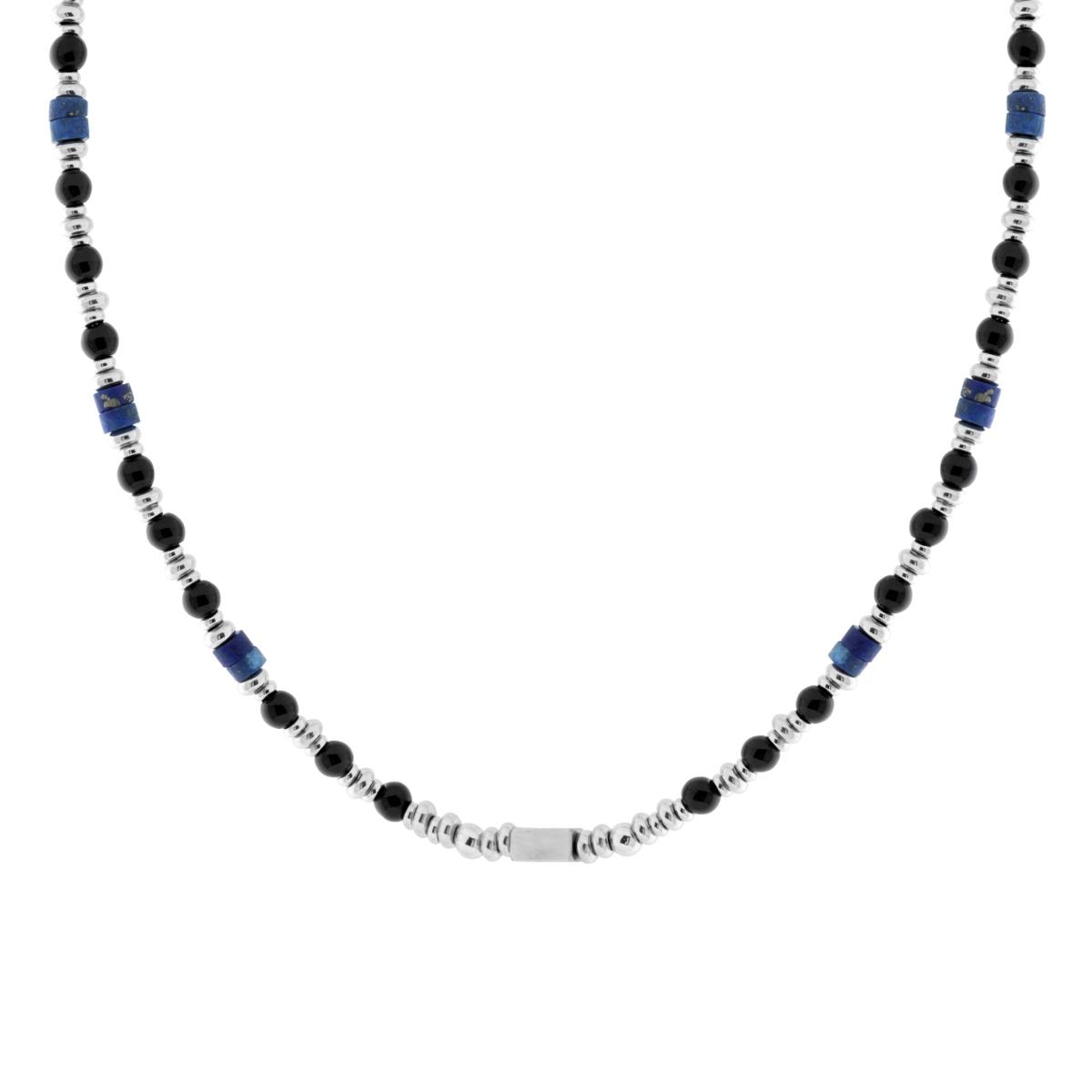 Collana Catena con Palline Pietra Nero e Cilindretti Pietra Blu Lapislazzuli in ACCIAIO