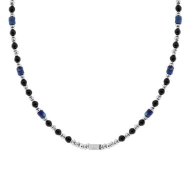 Collana Catena con Palline Pietra Nero e Cilindretti Pietra Blu Lapislazzuli in ACCIAIO