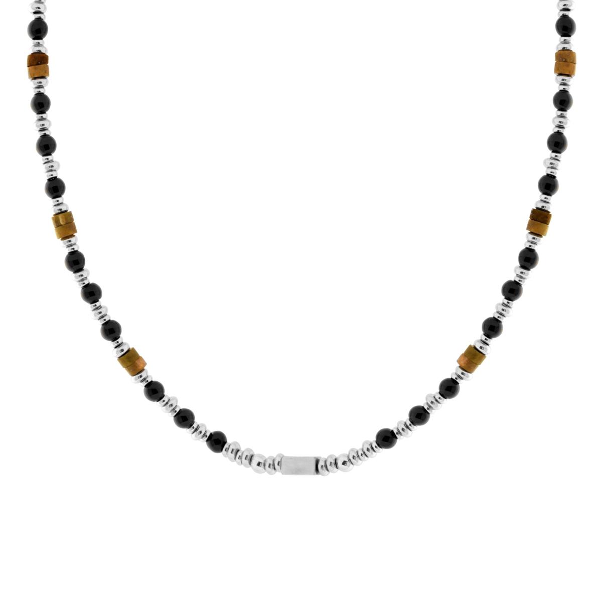 Collana Catena con Palline Pietra Nero e Cilindretti Pietra Occhio di Tigre in ACCIAIO