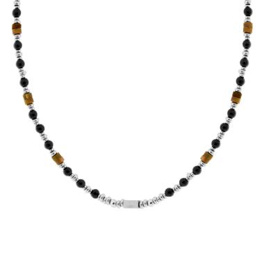 Collana Catena con Palline Pietra Nero e Cilindretti Pietra Occhio di Tigre in ACCIAIO