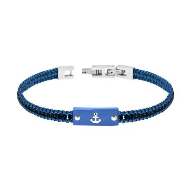 Bracciale Uomo Catena Veneziana Tonda colore Blu con Tennis Crystal Neri e Targa con Ancora in ACCIAIO