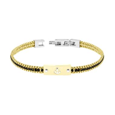 Bracciale Uomo Catena Veneziana Tonda colore Oro con Tennis Crystal Neri e Targa con Ancora in ACCIAIO colore Oro