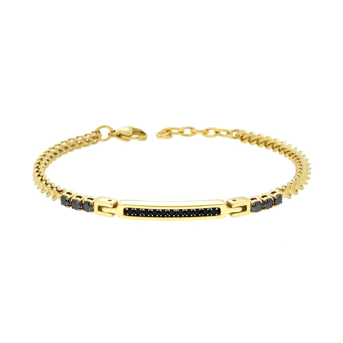 Bracciale Uomo Catena Franco con Targa e Crystal Neri in ACCIAIO colore Oro