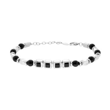 Bracciale Uomo con Palline Nere e Targa con Crystal Neri in ACCIAIO