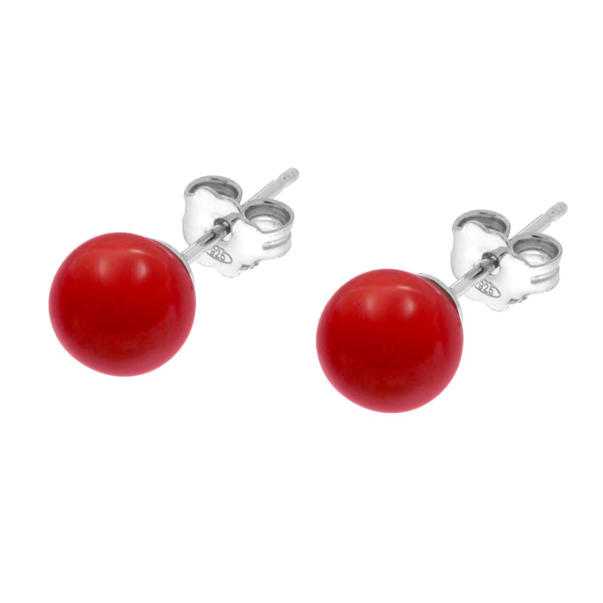 Orecchini Perla mm 8 Rosso Corallo in ARGENTO 925 Galvanica Rodio