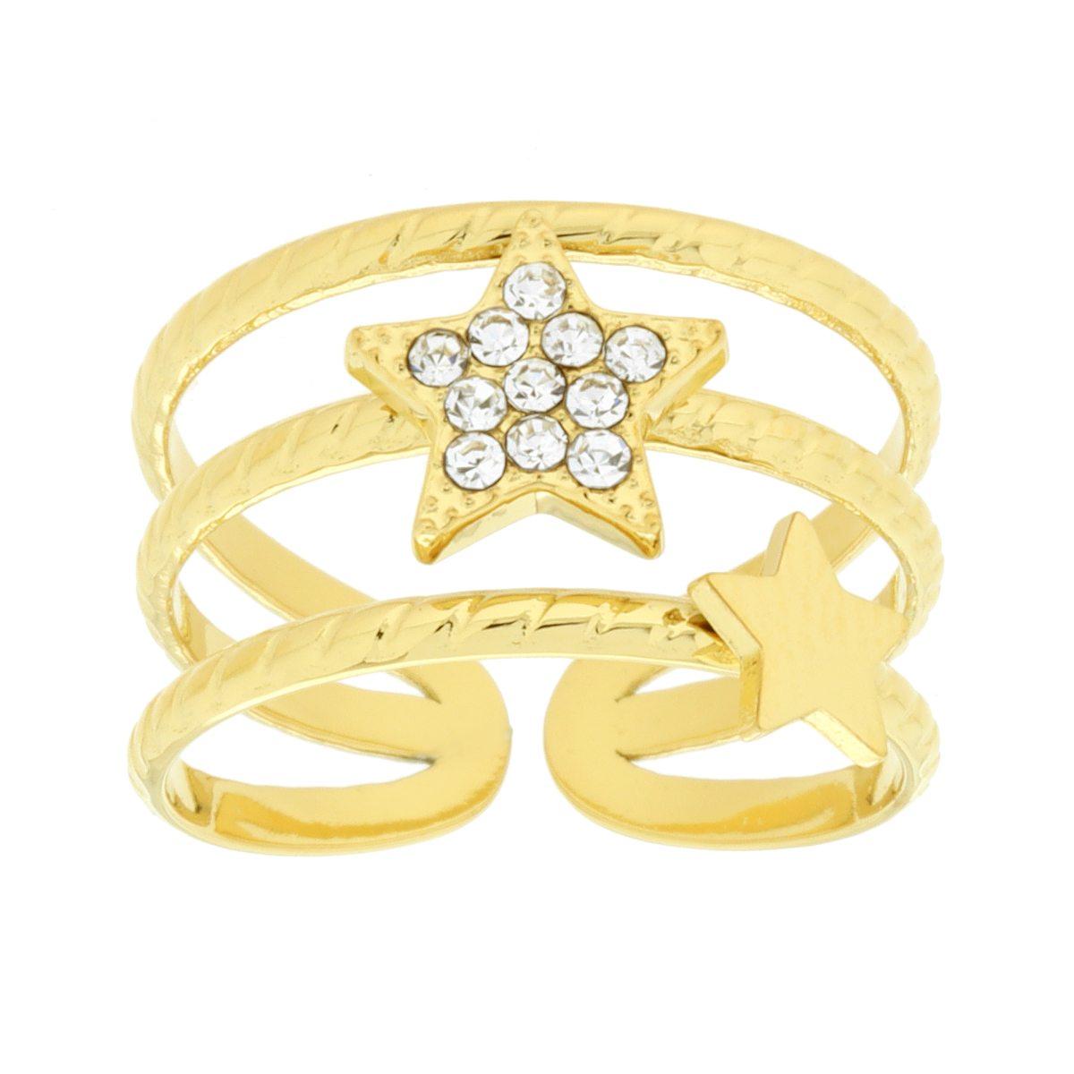 Anello Fascia Tre fili con Stella e Crystal Bianchi in ACCIAIO colore Oro