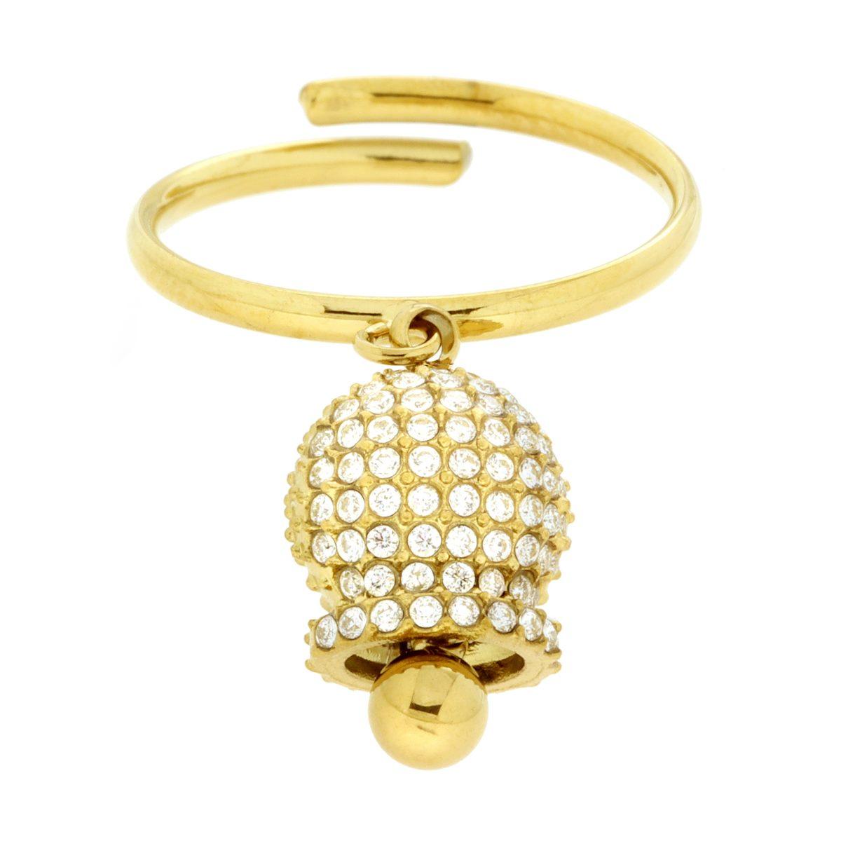 Anello con Pendente Campanella con Crystal Bianchi in ACCIAIO colore Oro